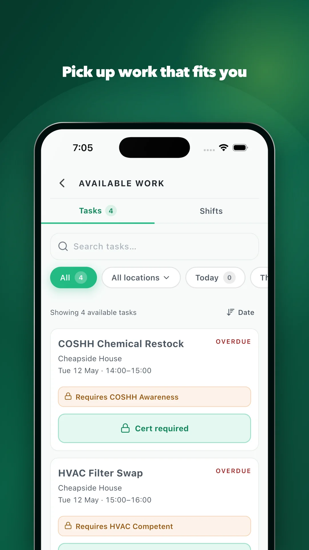 Pick up work that fits you. The Operify available work screen: open tasks showing the certificate each one requires, and a cert required flag on the ones that are gated.