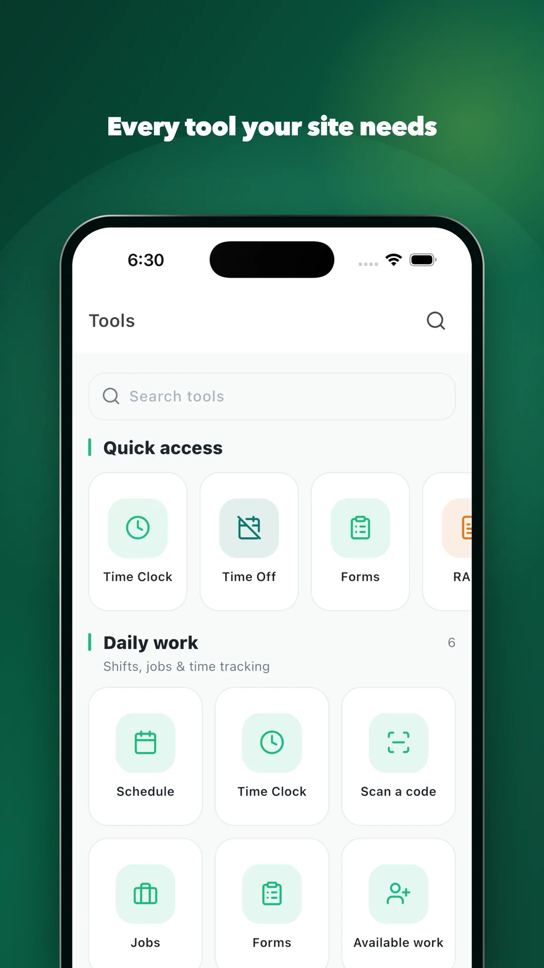 Every tool your site needs. The Operify tools screen: a search field, quick access to time clock, time off, forms and RAMS, and the daily work grid for schedule, jobs, scanning, forms and available work.